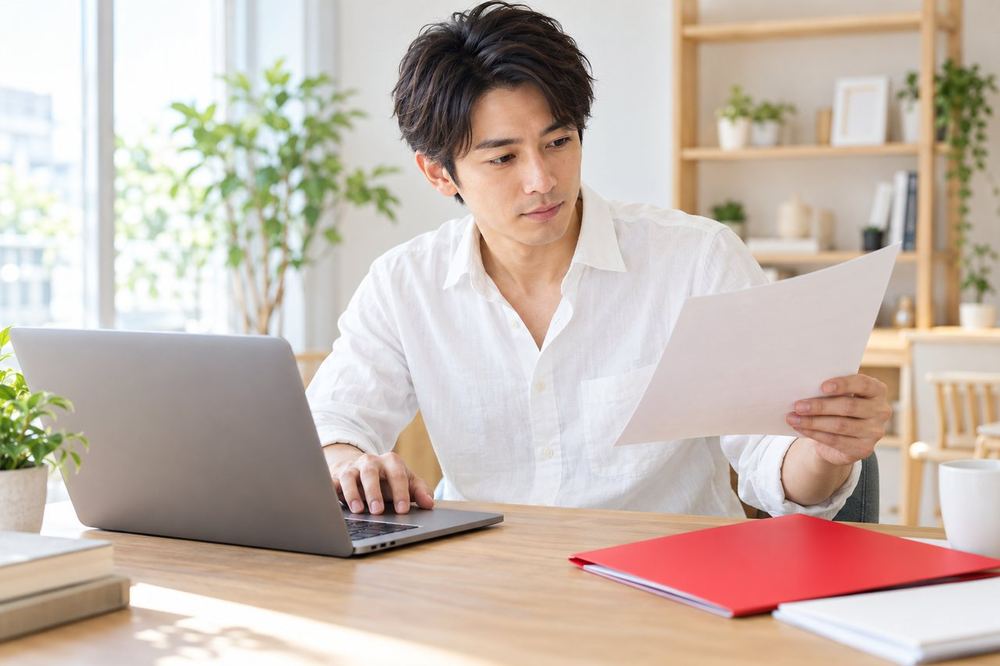 30代の男性が机のパソコンの前で、資料を見ながら配信の予定表を作っている