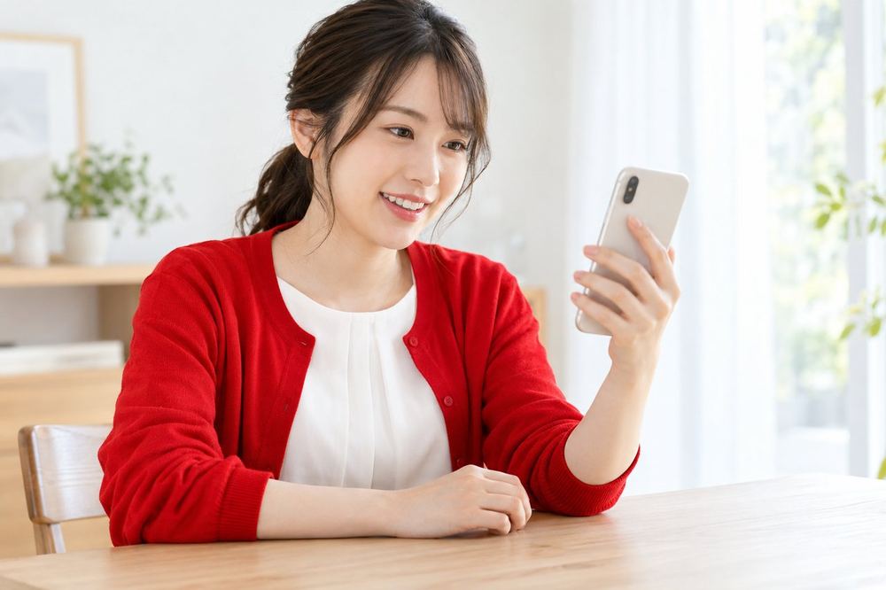 20代の女性がデスクでスマホを見ながら、オンラインで誰かと相談している様子
