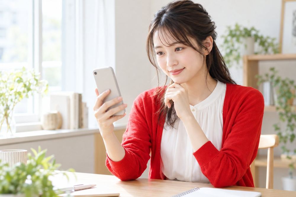 20代の女性が窓際のデスクでスマホを持ち、マネージャーとやり取りしながら笑顔でうなずいている