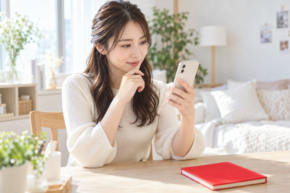 女性が自室の机で、スマホを手に取り、これから配信を始めるための条件を一つずつ確かめている