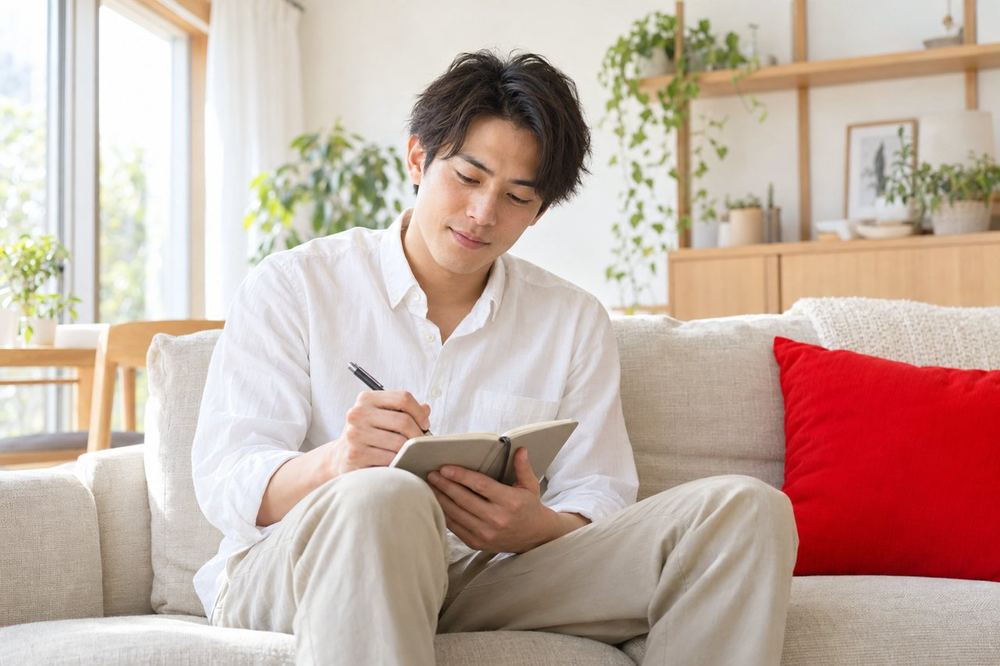 男性がソファに座り、メモ帳に不安に思うことを書き出して、一つずつ消している