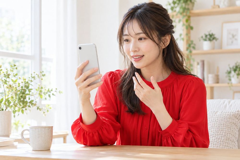 女性が窓際の明るい場所で、スマホを手に持ち、練習用の画面で自分の映り方を確かめている