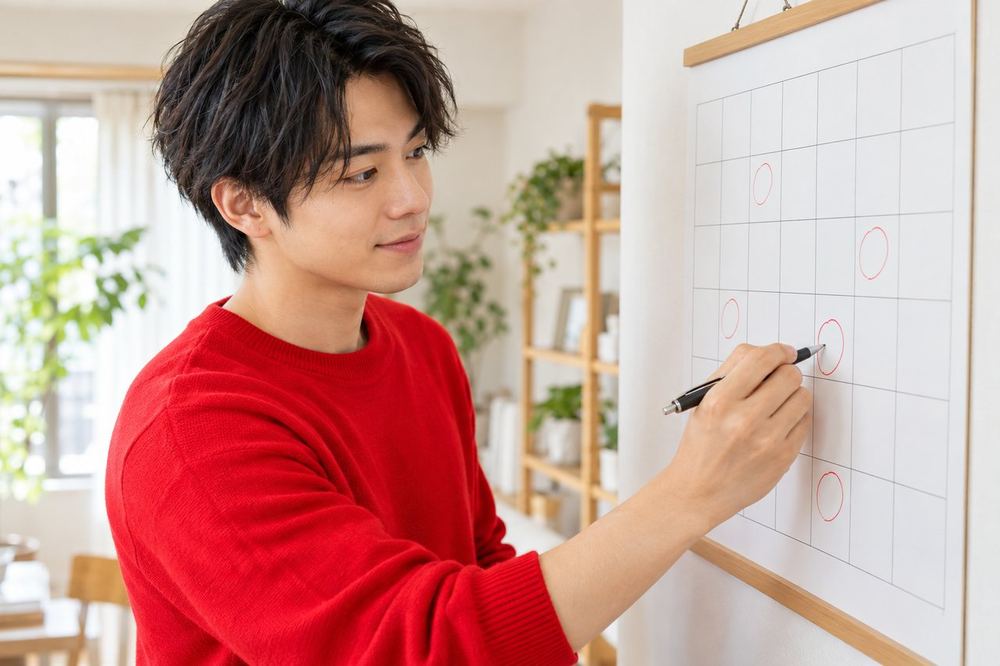 男性が壁のカレンダーの前で、1か月の配信の予定にペンで印をつけている