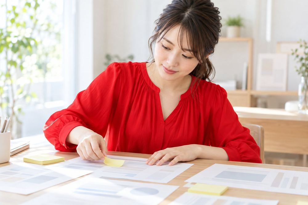 女性が机で、書類を広げて内容を読み、気になるところに付箋を貼っている