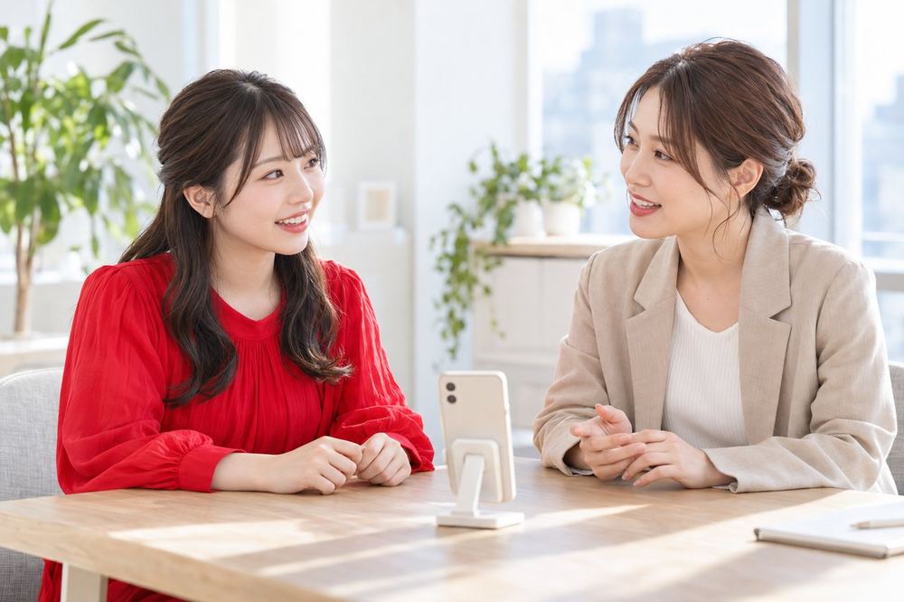 女性が明るい部屋で、マネージャー役の人と向かい合い、初めての配信の準備について相談している