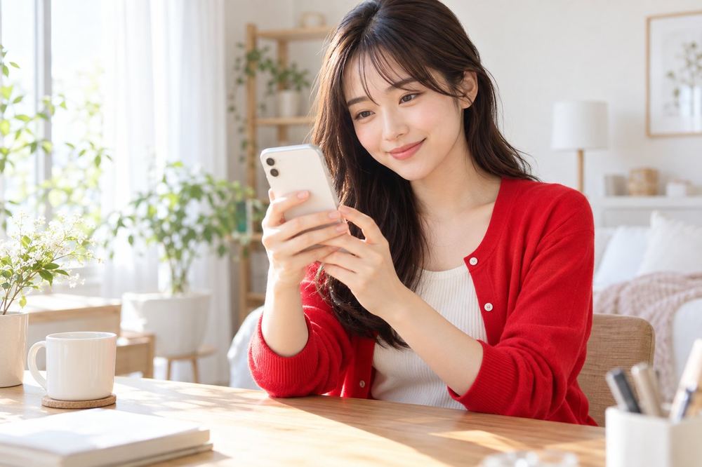 20代の女性が自宅の机でスマホを持ち、TikTokのプロフィール画面に表示された自分の小さな丸いアイコンを見つめている
