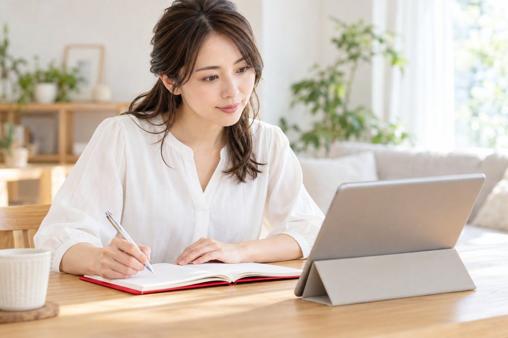 30代の女性がテーブルでタブレットを開き、公式ヘルプの手順を読みながら、手帳に写真の変更手順を書き写している
