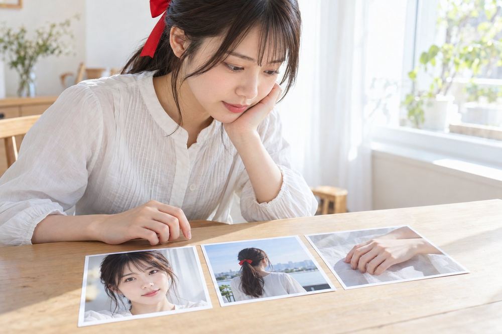 20代の女性が窓際で、顔の写真、後ろ姿の写真、手元だけの写真の3枚を並べて見比べている