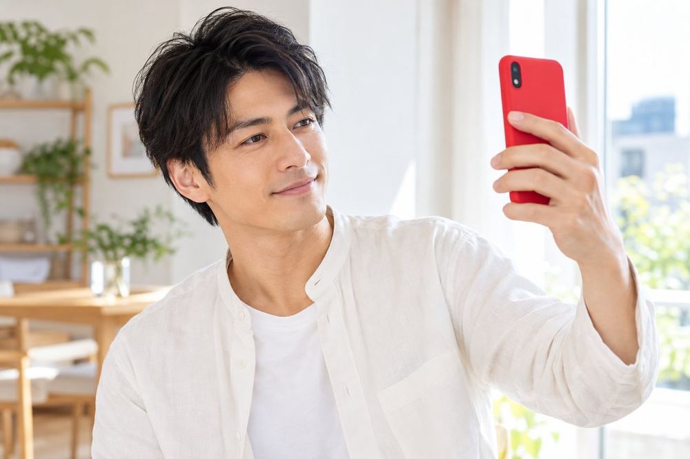 30代の男性が窓の近くでスマホを目の高さに構え、自分の顔の明るさを画面で確かめながら撮影している