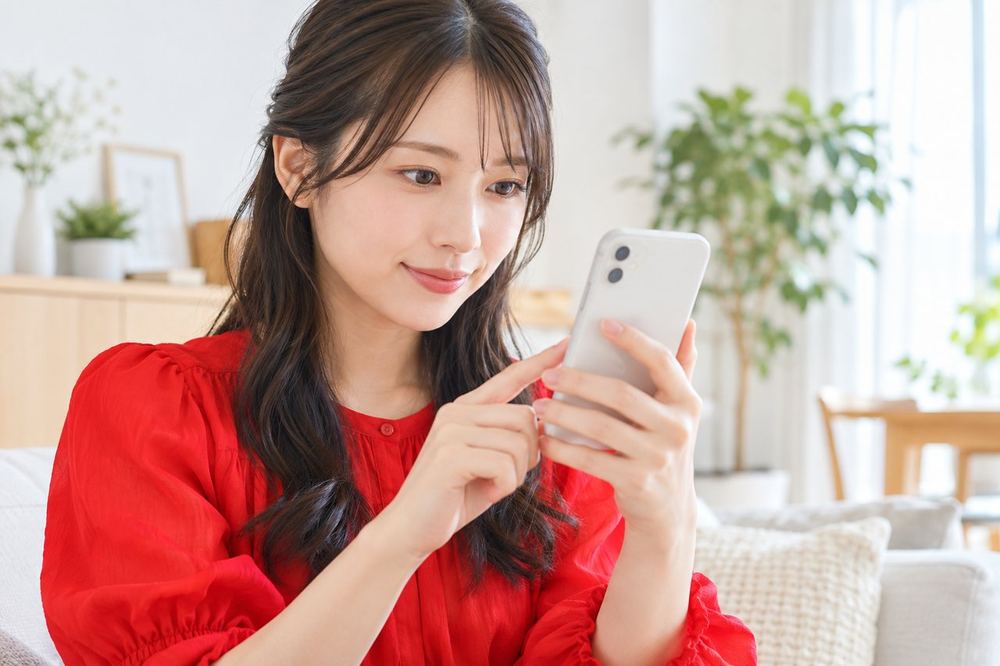20代の女性がスマホの画面で写真を丸く切り抜く枠を動かして、顔が中央に入る位置を調整している
