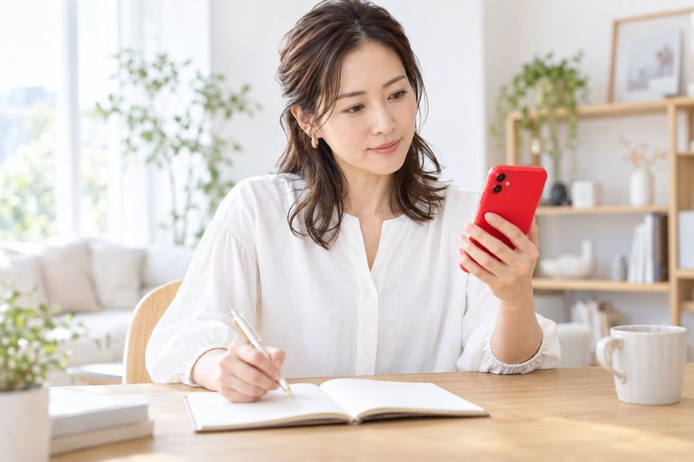 30代の女性がデスクでスマホのプロフィール画面を見ながら、名前と自己紹介の言葉をノートに書き出して推敲している
