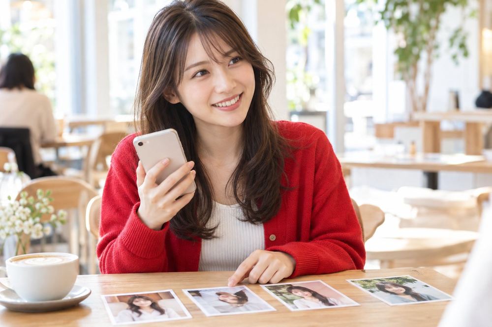 20代の女性がカフェでスマホのメッセージ画面を開き、撮った写真の候補を並べて、誰かに選び方を相談している