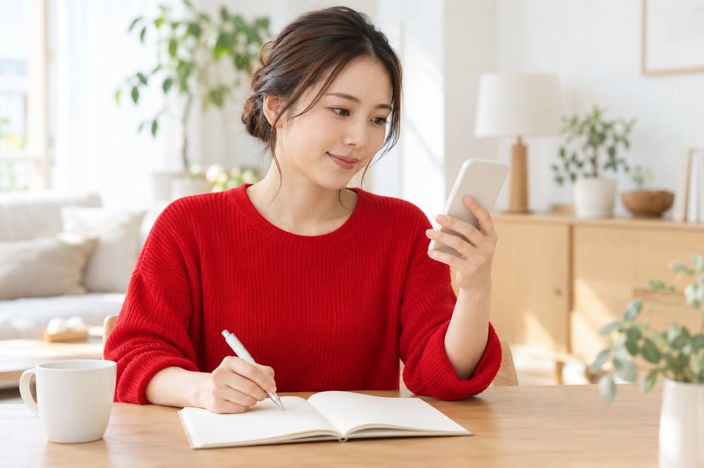女性が自宅のテーブルでノートを開き、スマホの画面を見ながら、収入という言葉の意味を整理している