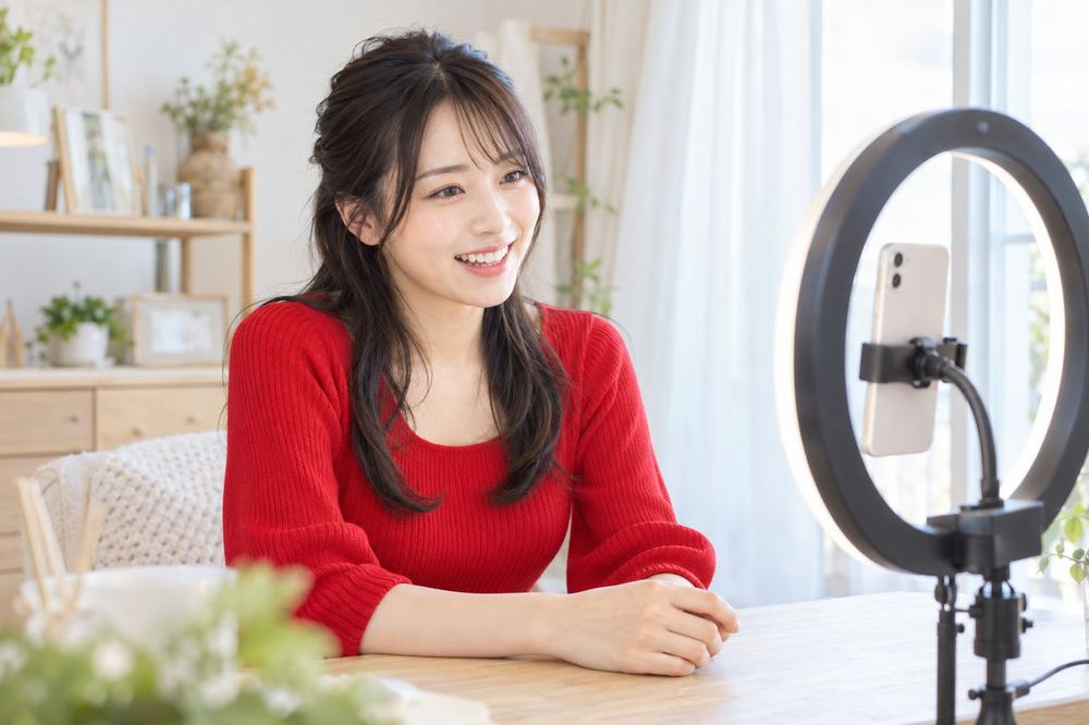 女性がリングライトの前で、スマホに向かって楽しそうに話しながら配信している