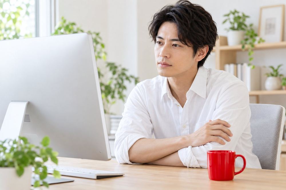 男性がパソコンの画面に出た広告の数字を、腕を組んで落ち着いて見比べている