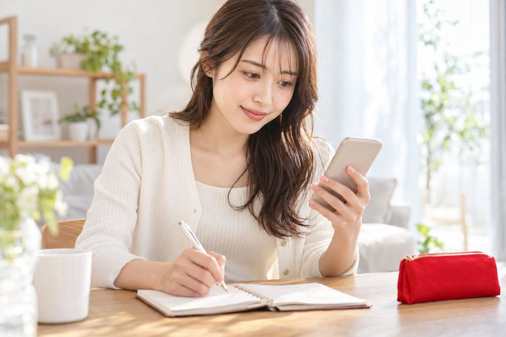 女性が机でスマホの画面を見ながら、手帳に配信した日と時間を書き込んで記録している