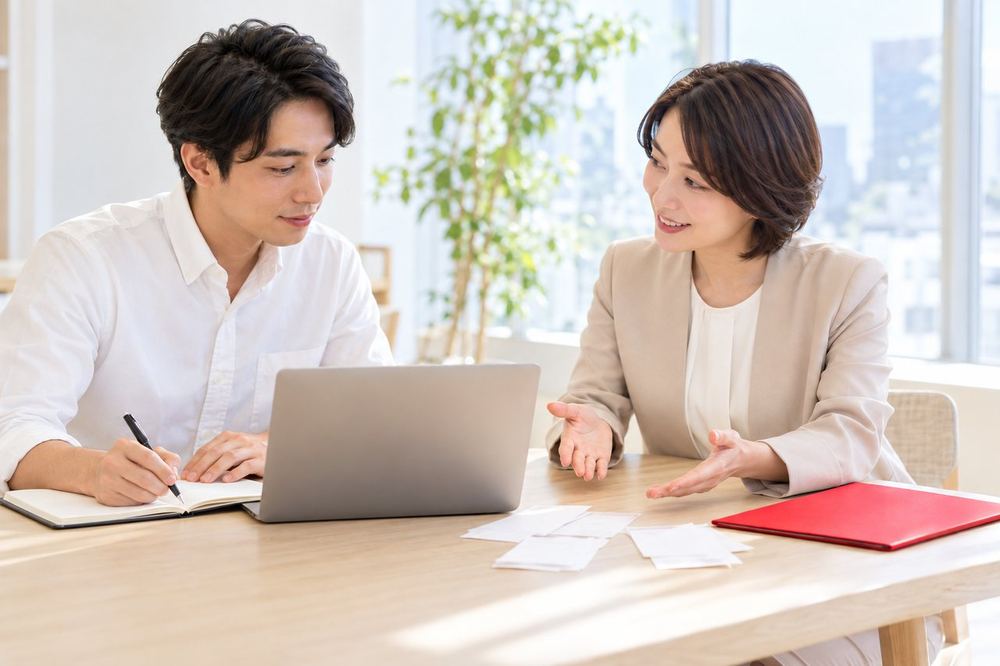 男性が机で領収書とノートパソコンを広げ、税理士の説明を聞きながらメモを取っている