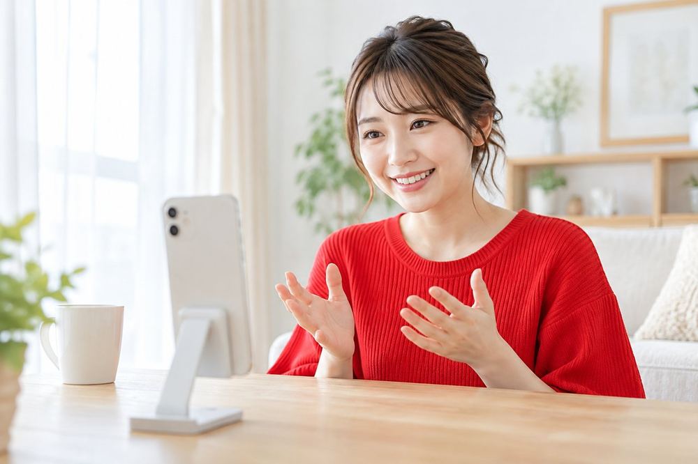 女性が明るい部屋でスマホを立て、笑顔でカメラに向かって話している
