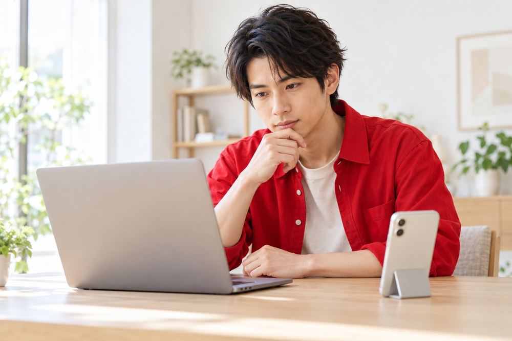 男性がパソコンとスマホを並べ、二つの画面を見比べて考えている