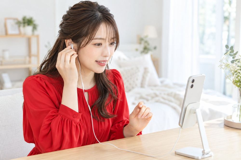 女性が配信前に、スマホの画面で自分の映り方と音を確かめている