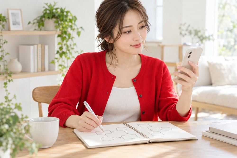 女性がスマホの画面を見ながら、ノートに収入のしくみを図にして整理している