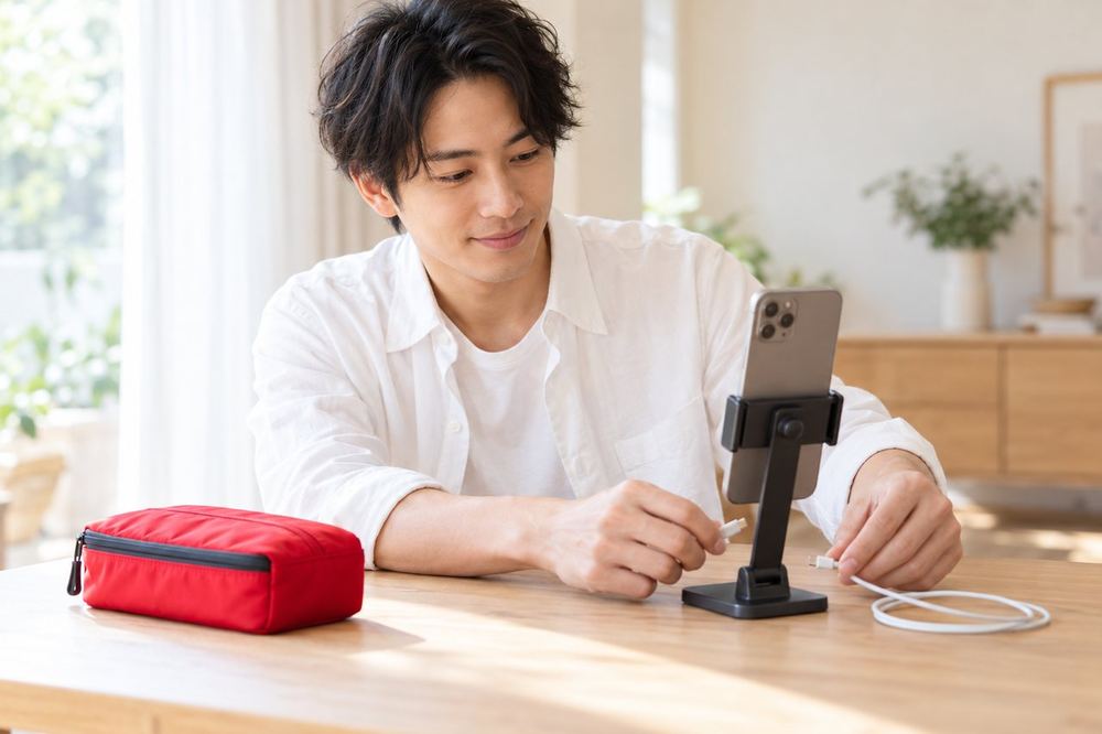 男性が机にスマホとスタンドを置き、配信の準備物を一つずつ確かめている