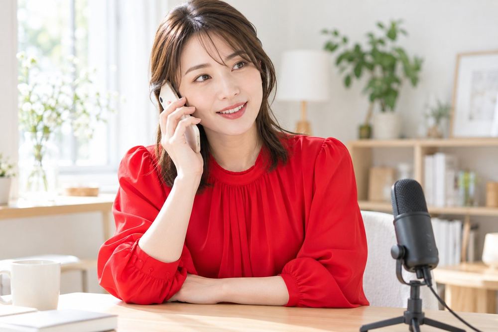 女性がスマホで通話しながら、配信の準備について相談している