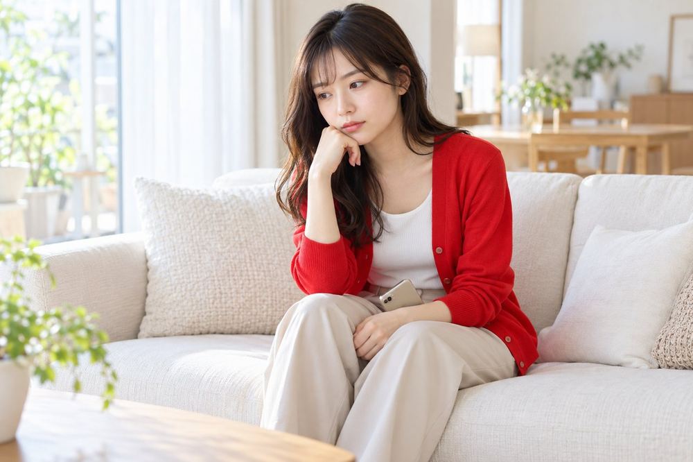 20代の女性がソファに座り、スマホを膝に置いて、最近配信が重く感じる理由を一つずつ思い返している