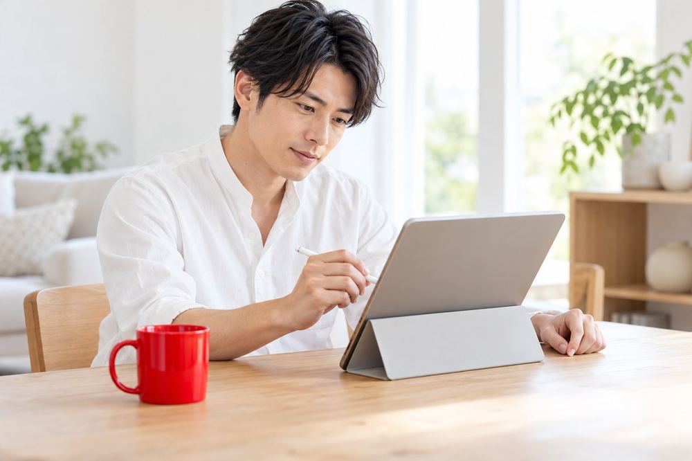 30代の男性が机でタブレットを開き、公式のヘルプページに書かれている配信のヒントを線を引きながら読んでいる