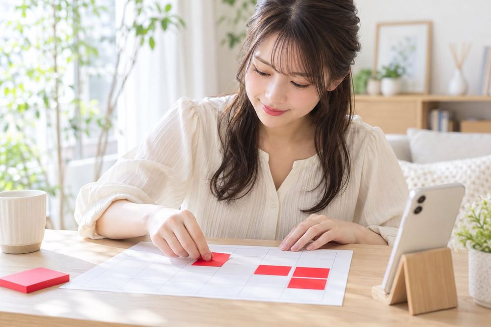 20代の女性がカレンダーとスマホを机に並べ、無理のない配信の曜日と時間に付箋を貼っている