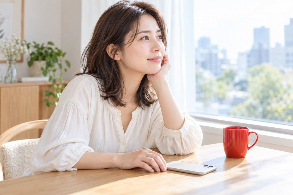 30代の女性がスマホの画面を伏せて机に置き、窓の外を見ながら配信の数字から少し離れて休んでいる