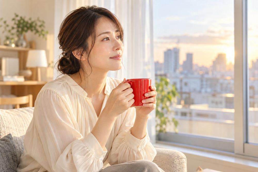 30代の女性が夕方の窓辺でマグカップを手に、これからの配信の続け方をゆっくり考えている