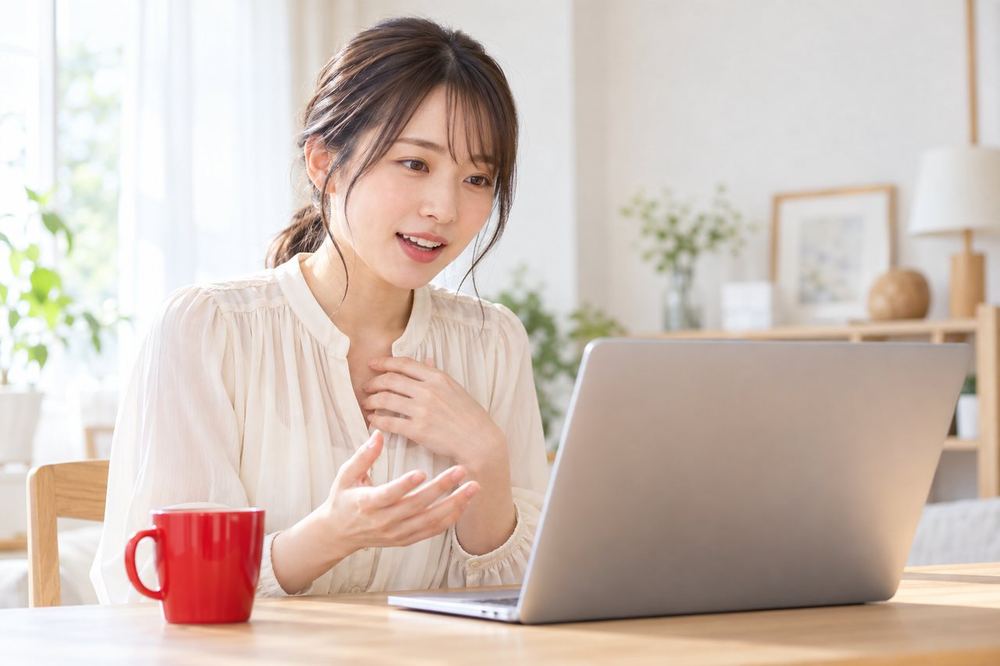 20代の女性が自宅の机でノートPCを開き、画面の向こうのマネージャーとビデオ通話で配信の悩みを話している