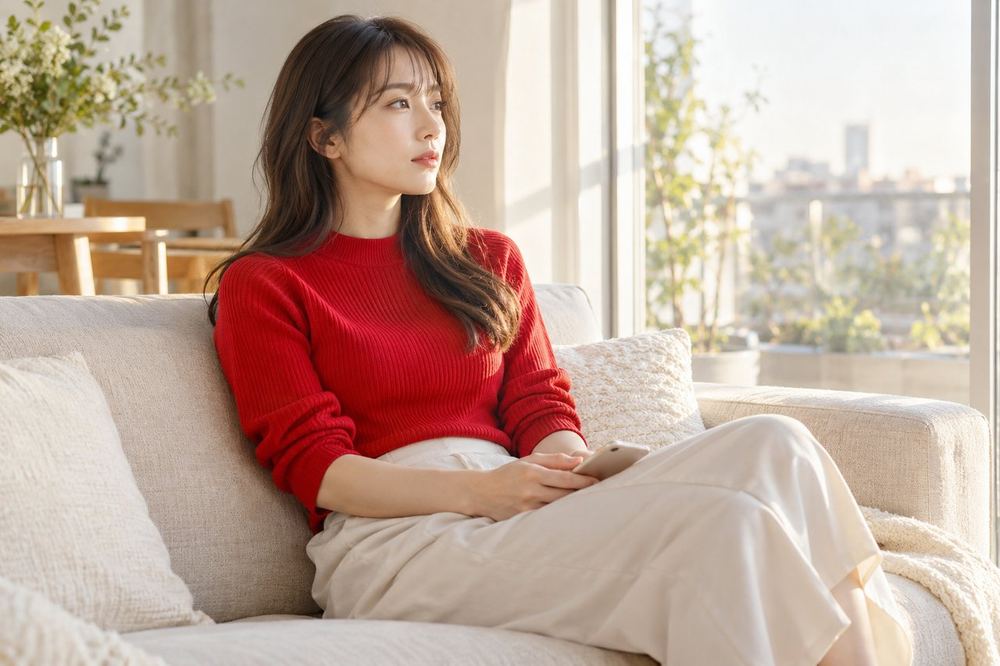 夕方の窓際のソファで、スマホを膝に置いたまま、静かに考え込んでいる20代の女性