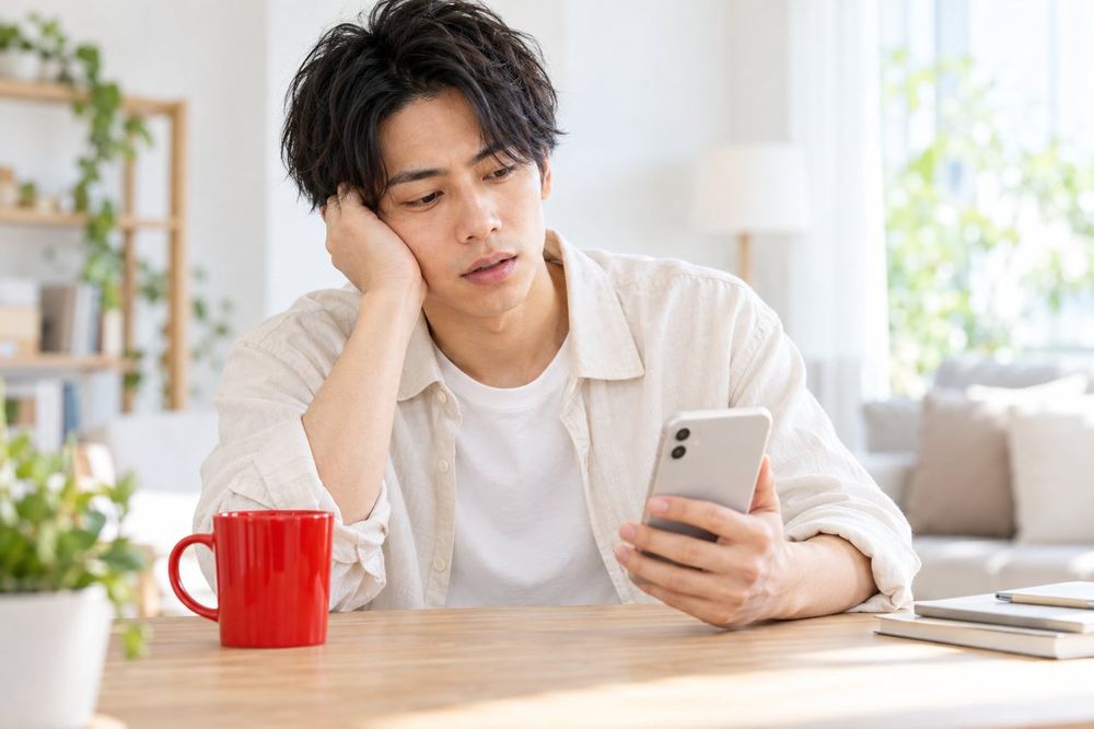 机でスマホの配信予定のカレンダーを見つめ、ため息をついている男性