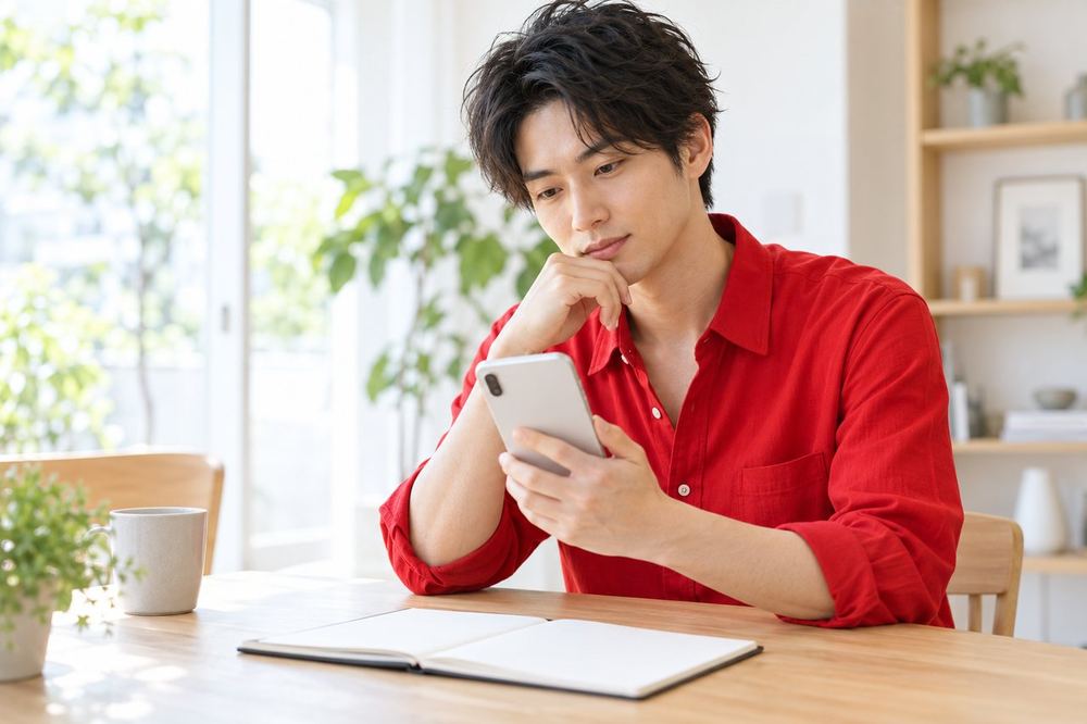 明るい部屋の机で、スマホの配信設定を見直しながら、考えを整理している男性