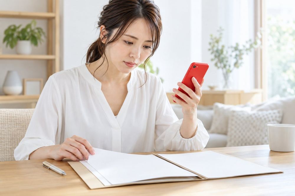 机の上の契約書を前に、スマホで連絡先を確かめながら、落ち着いて内容を読み返している女性