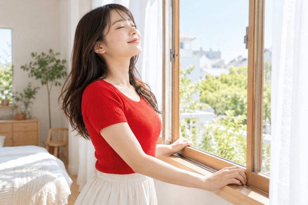 晴れた朝の部屋で、窓を開けて深呼吸をしている20代の女性