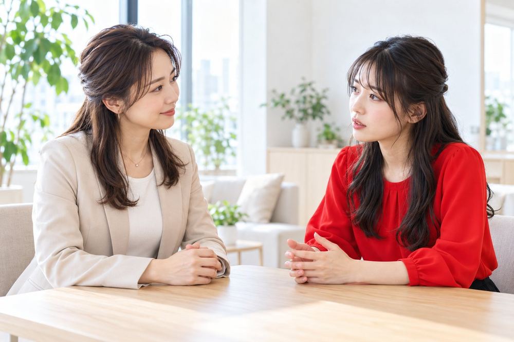 明るい部屋で、マネージャーの女性と配信に悩む女性が、向かい合って落ち着いて話している