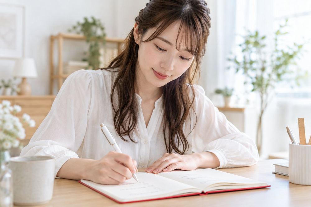 20代の女性が机でノートを広げ、配信の前に確かめる項目をチェックボックスつきで書き出している