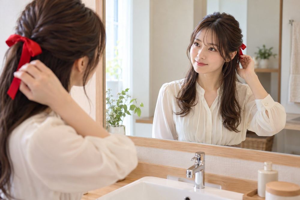 30代の女性が洗面台の鏡の前で、配信用の髪型と服を決めて、普段の自分との違いを確かめている