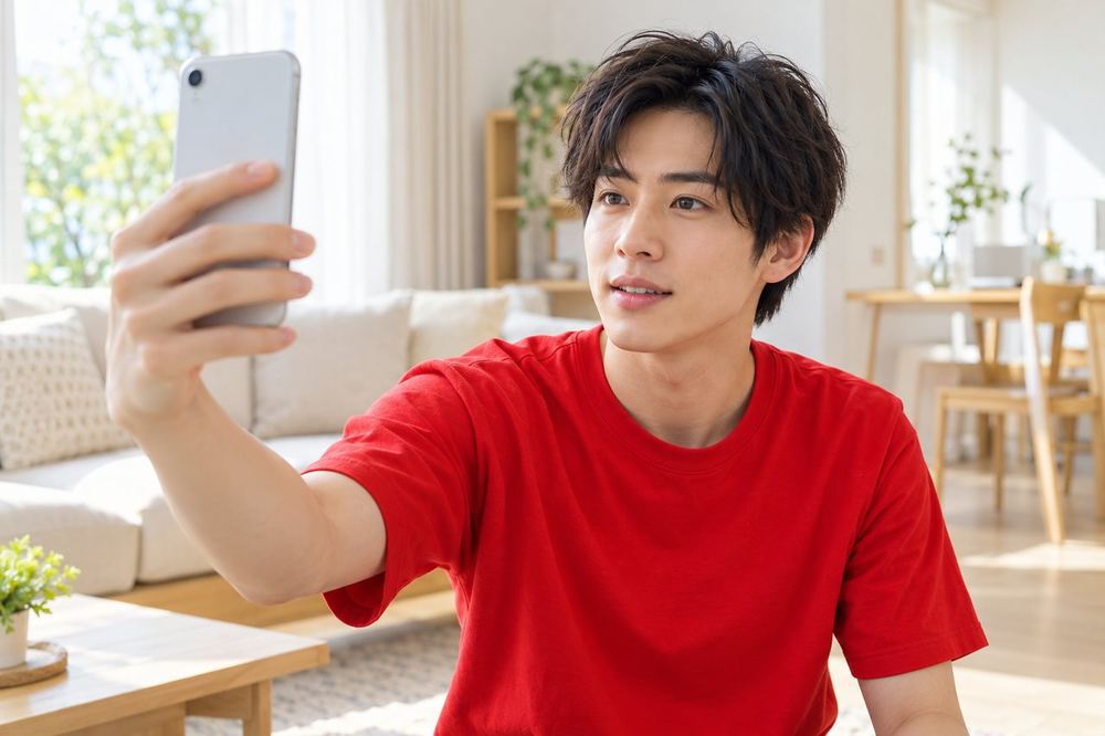 20代の男性が部屋の中でスマホを配信と同じ向きに構え、画面の端まで映る範囲を確かめている