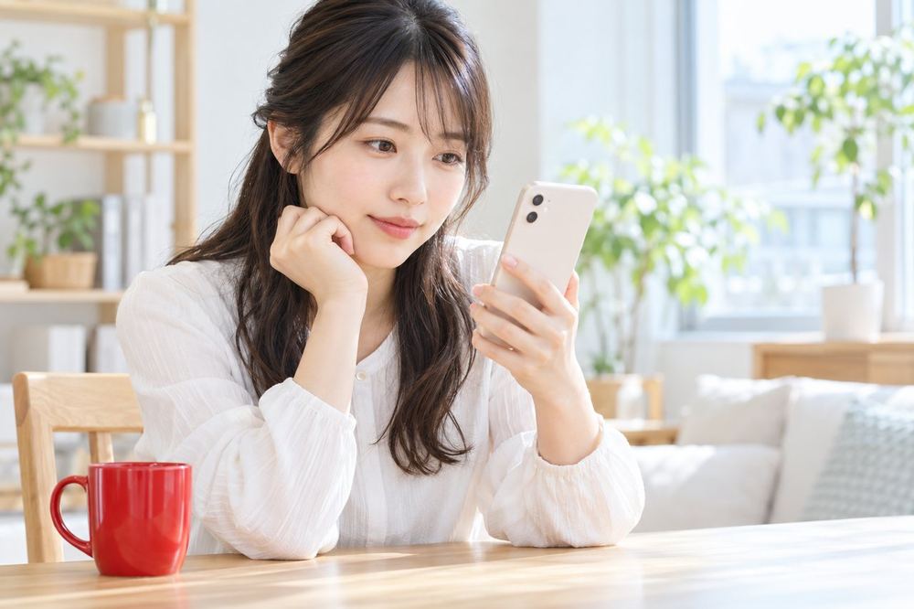 20代の女性が窓際の机でスマホの配信画面を見ながら、届いたコメントを読んで落ち着いて返事を考えている