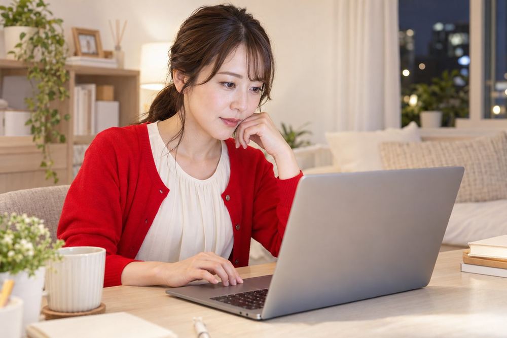 30代の女性が夜の部屋でパソコンを開き、配信のリプレイを再生して背景に映ったものを一つずつ確かめている