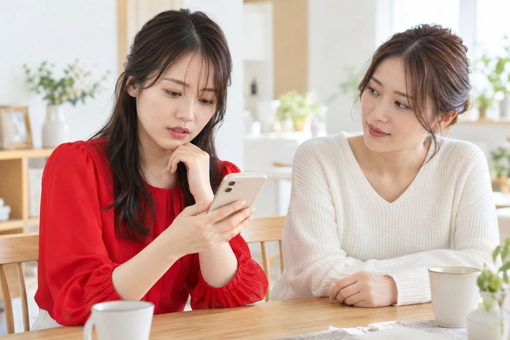 20代の女性がテーブルでスマホの画面を確かめ、信頼できる家族に状況を説明しようとしている