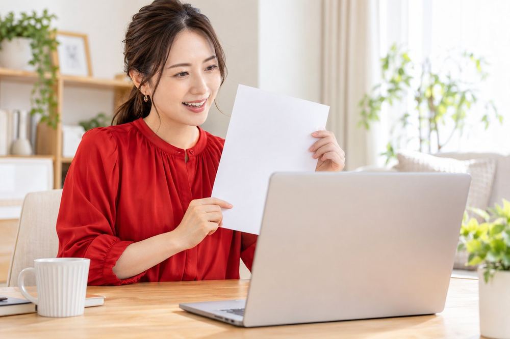 30代の女性が自宅の机でノートPCを開き、画面越しのマネージャーに配信前の点検項目を見せながら相談している