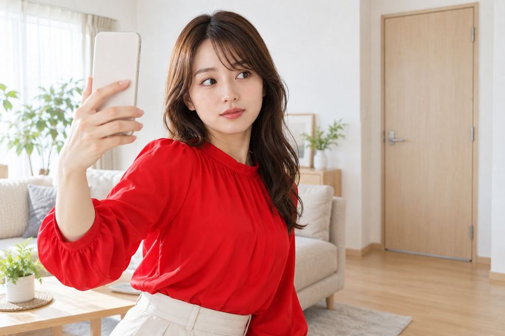 20代の女性がリビングで、スマホのカメラに映る背景を確かめながら、後ろのドアの位置を気にしている
