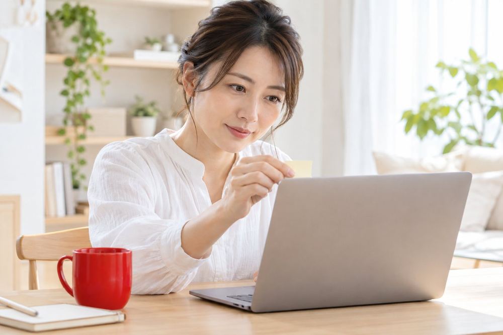 30代の女性がパソコンの画面でガイドラインのページを開き、気になる箇所に付箋を貼りながら読んでいる