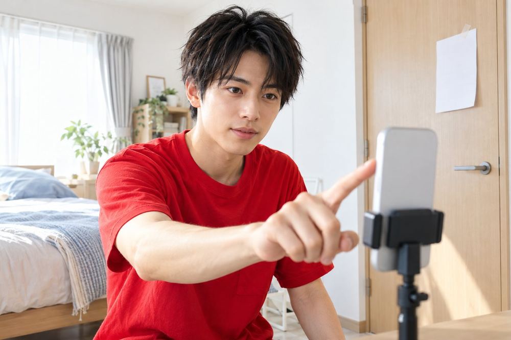 20代の男性が自分の部屋のドアに「配信中」の紙を貼り、カメラの映る範囲を指で確かめている