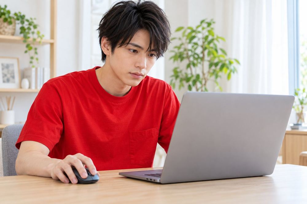 20代の男性がパソコンで配信のリプレイを開き、映り込みがないかを時間を送りながら確かめている
